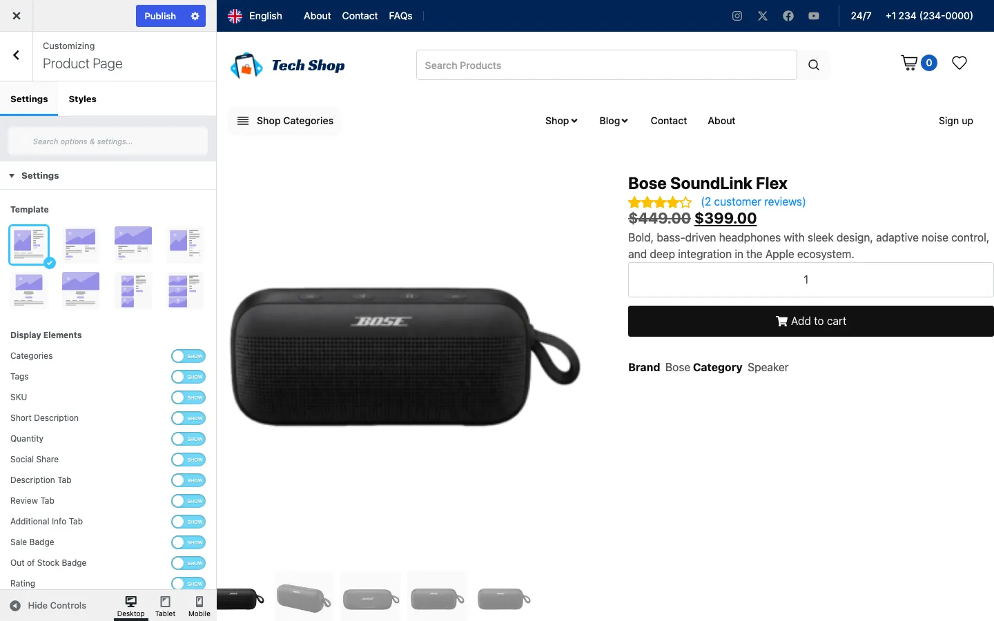 WordPress Customizer Product Page panel in Jupiter X with eight layout thumbnails and show or hide switches for categories, tags, SKU, short description, quantity, social share, tabs and badges