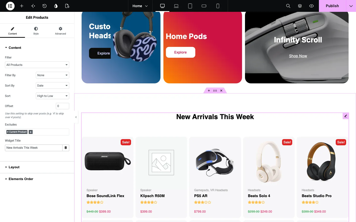 Elementor editor on our test install editing the Jupiter X Products widget, with the Widget Title changed to New Arrivals This Week and a grid of headphones and speakers in the preview