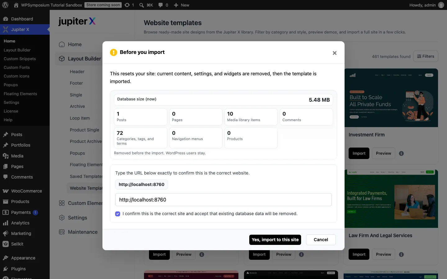 Jupiter X Before you import dialog with database size, counts of posts, pages, media and products that will be removed, the site URL typed in a confirmation box and a ticked checkbox