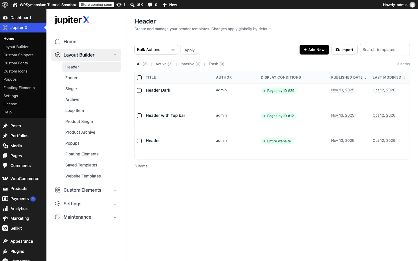 Jupiter X Layout Builder Header list with three headers: Header Dark shown on page ID 29, Header with Top bar shown on page ID 12, and Header shown on the entire website