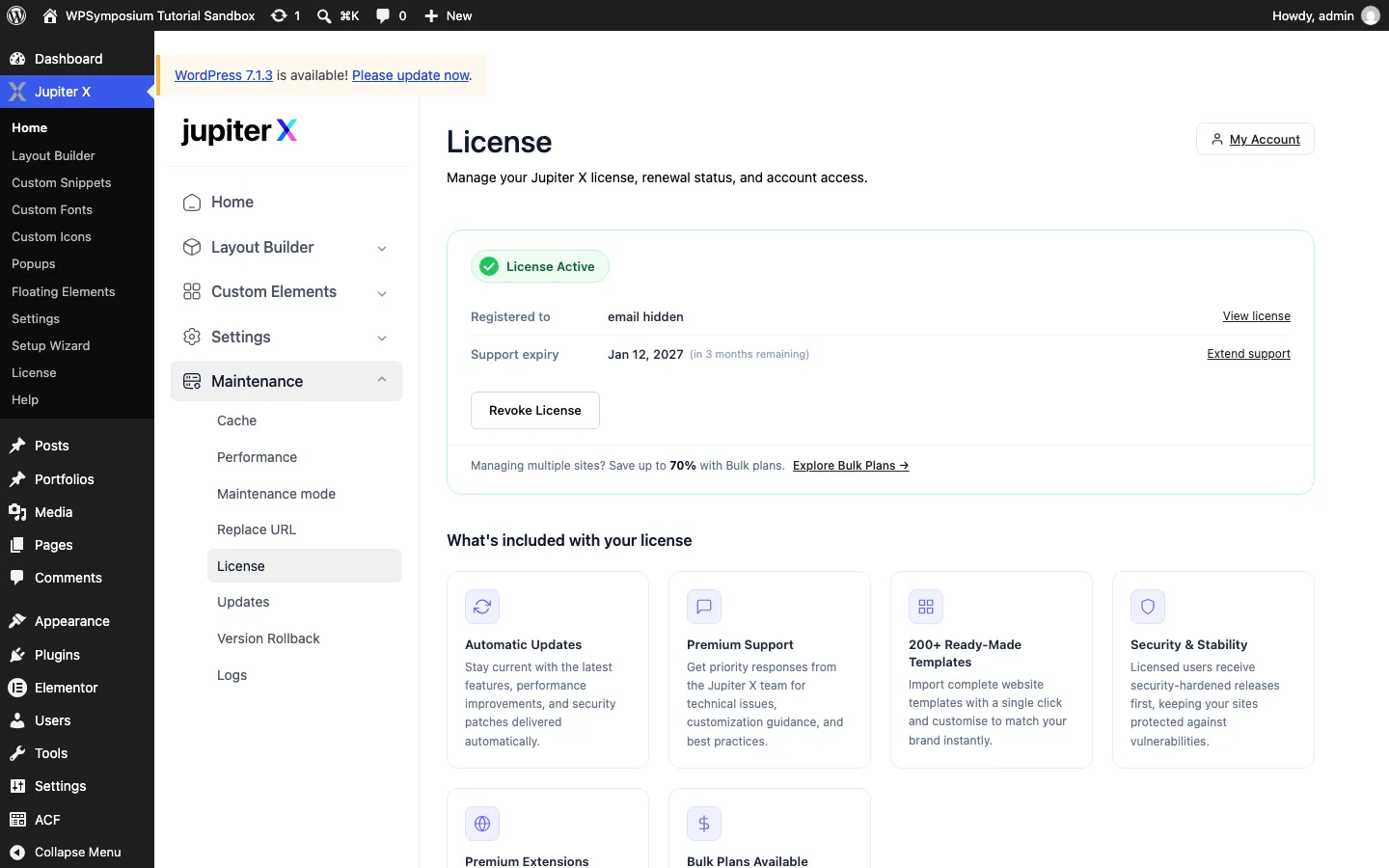 Jupiter X License screen showing License Active, a hidden account email, support expiry of Jan 12, 2027, a Revoke License button and a list of what the license includes