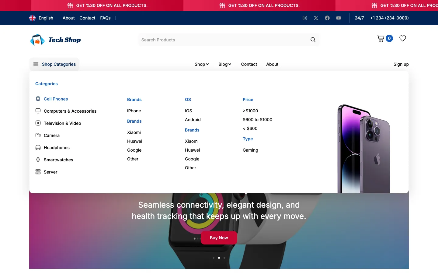 Jupiter X mega menu open under Shop Categories, with category links on the left, columns for brands, operating systems and price, and an iPhone image on the right