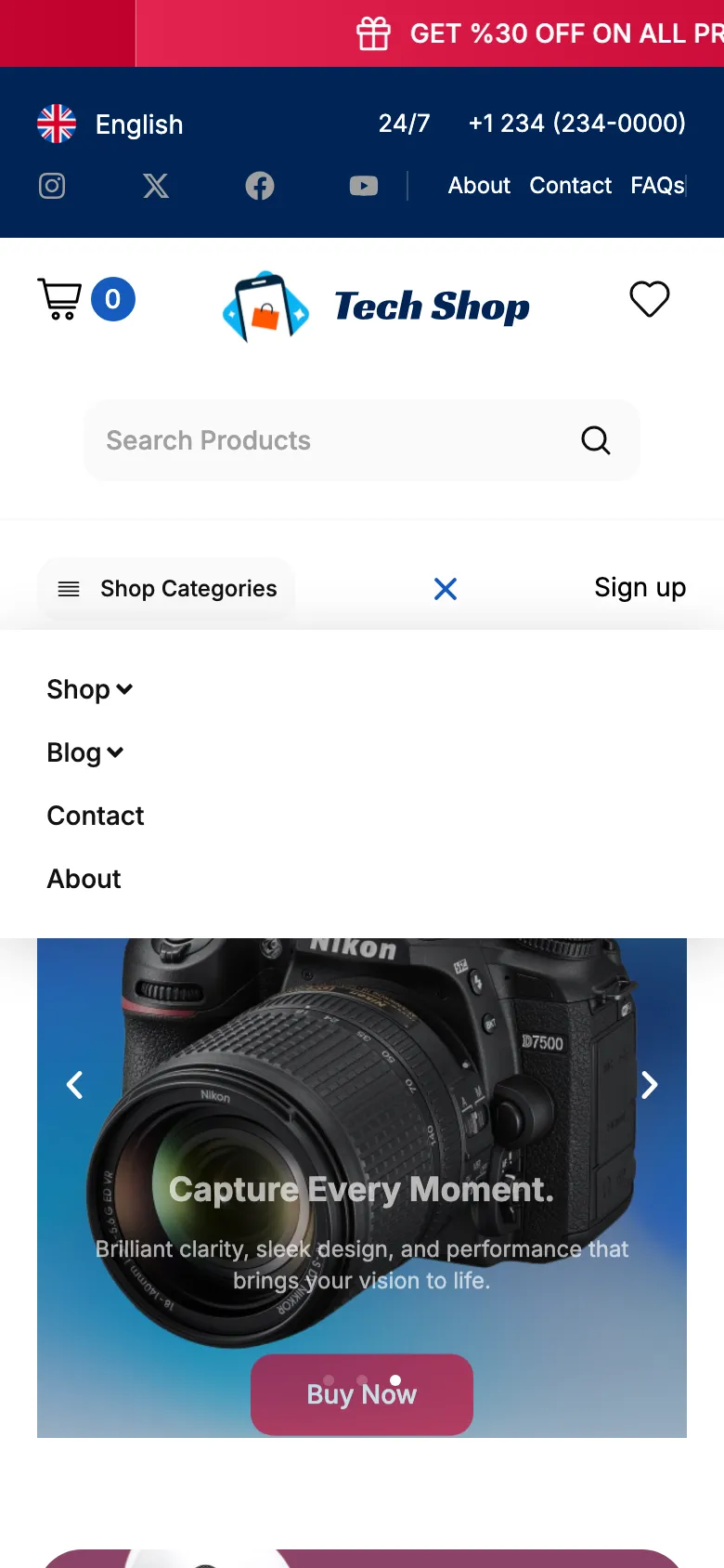 Phone view of the imported template with the menu open, showing Shop, Blog, Contact and About links under the header