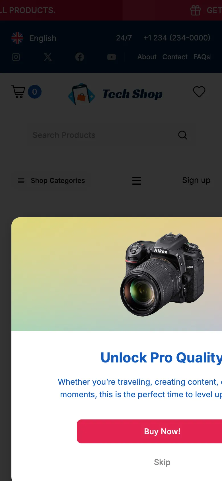 Phone view of the template’s camera promotion popup cut off on the right side, so its close button is not visible, with a Buy Now button and a Skip link