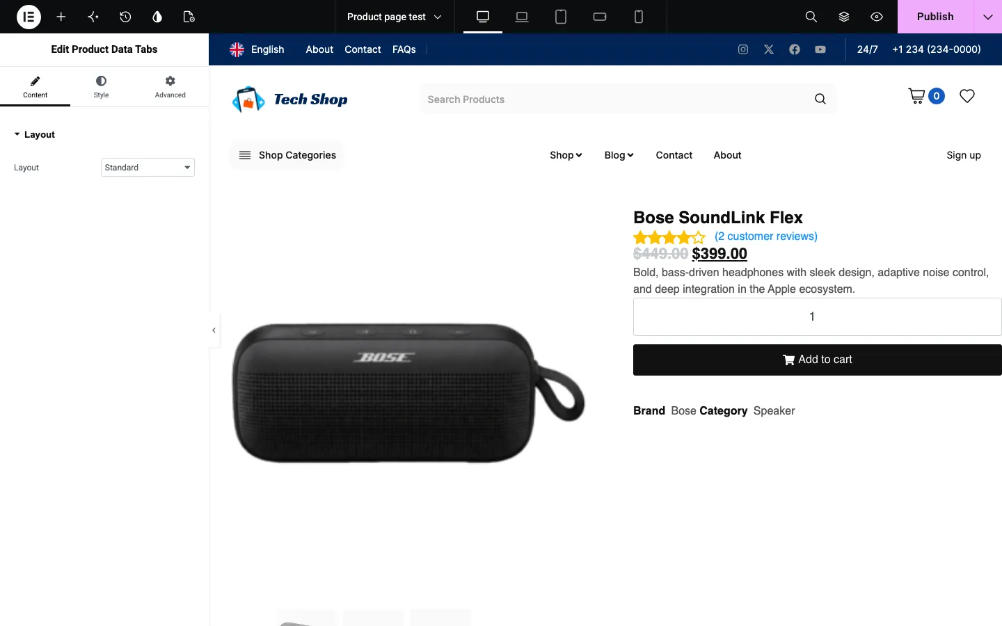 Product page template in the Elementor editor showing a Bose SoundLink Flex speaker image on the left and the title, rating, price, description, quantity box and Add to cart button on the right