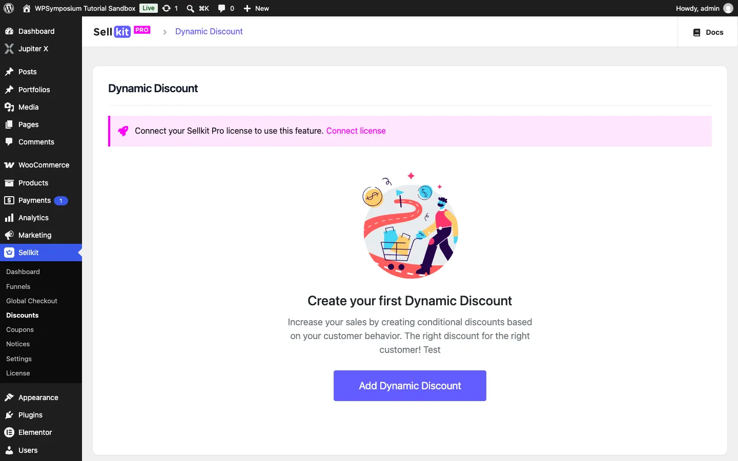 SellKit Pro Dynamic Discount screen showing the message Connect your Sellkit Pro license to use this feature with a Connect license link