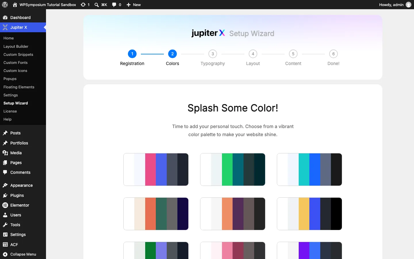 Jupiter X setup wizard Colors step with six numbered steps across the top and a grid of color palettes