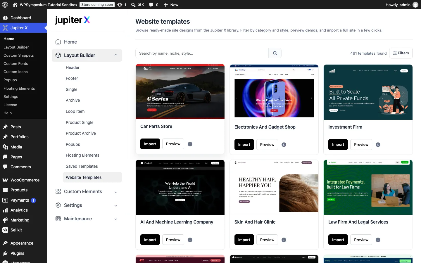 Jupiter X Website templates screen showing 461 templates found, a search box, a Filters button and cards for Car Parts Store, Electronics And Gadget Shop and Investment Firm