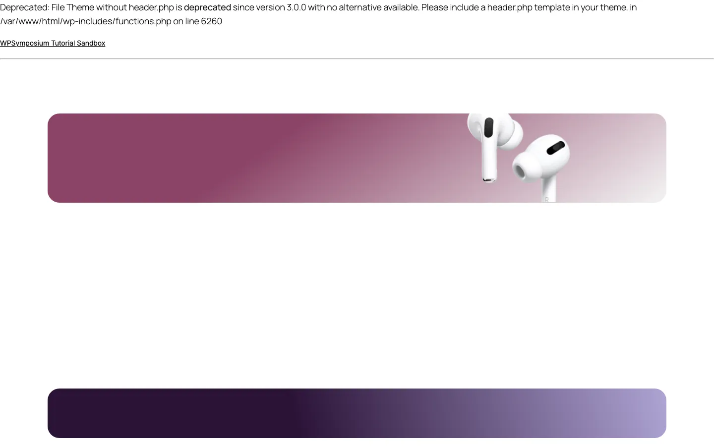 The imported homepage after switching to the Twenty Twenty-Five theme, showing a PHP notice about a missing header file and mostly empty colored blocks