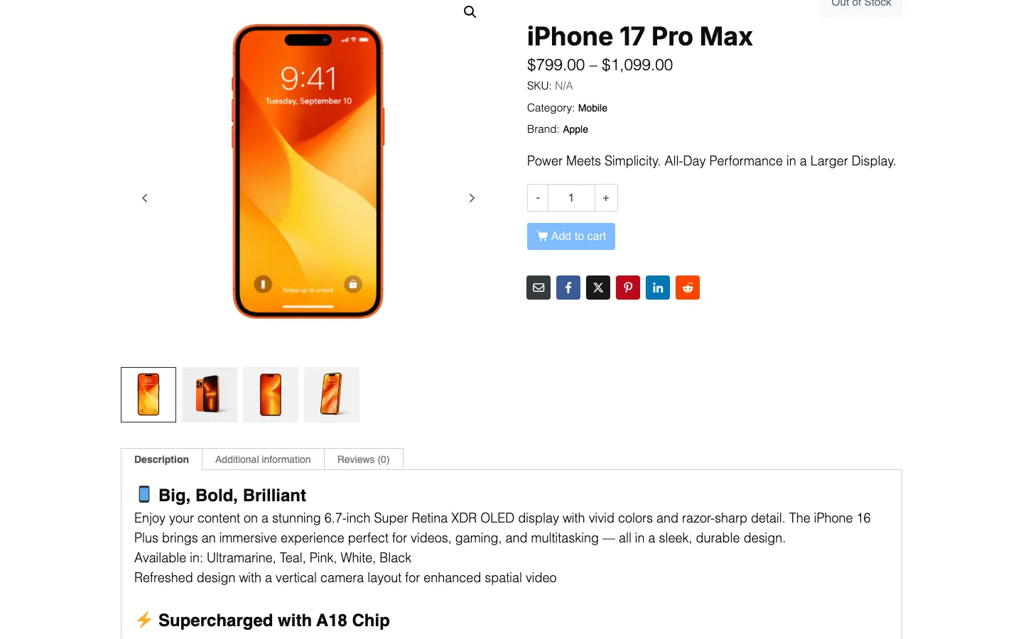 iPhone 17 Pro Max product page on our test install showing a price range of $799 to $1,099 and a greyed out Add to cart button with no storage options