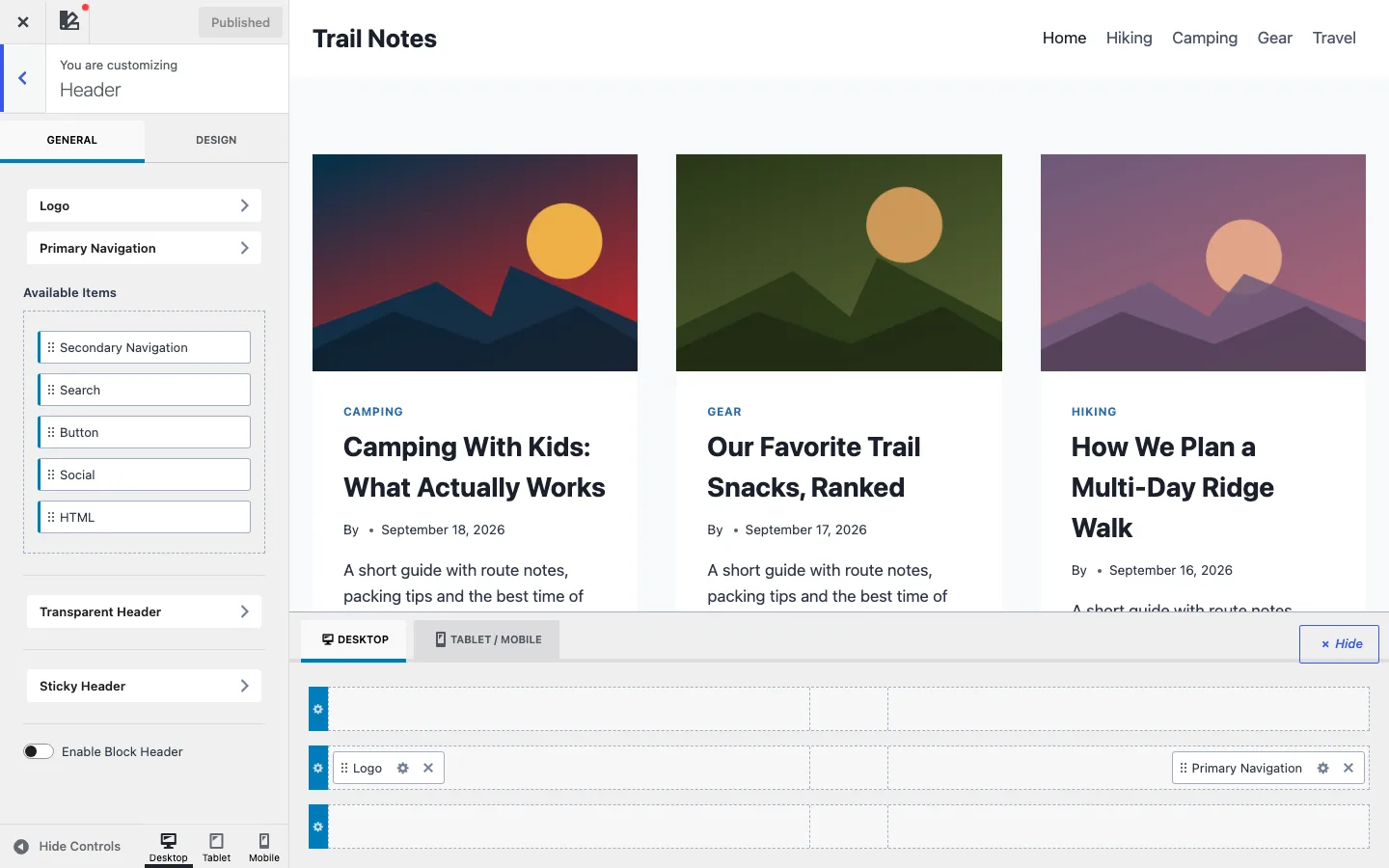 Kadence drag-and-drop header builder in the Customizer with logo and navigation placed in the header rows
