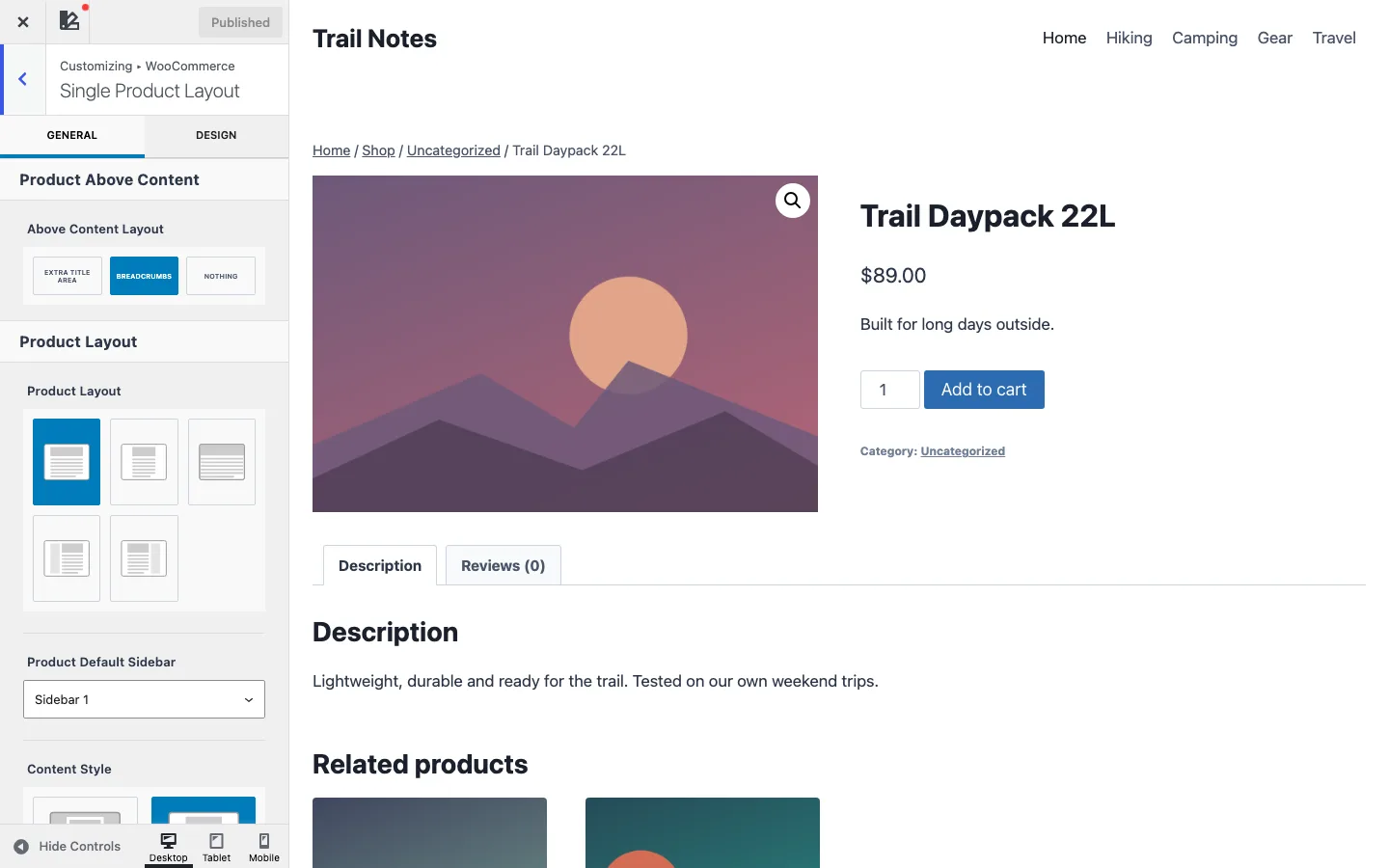 Kadence Single Product Layout options in the Customizer next to a WooCommerce product page preview