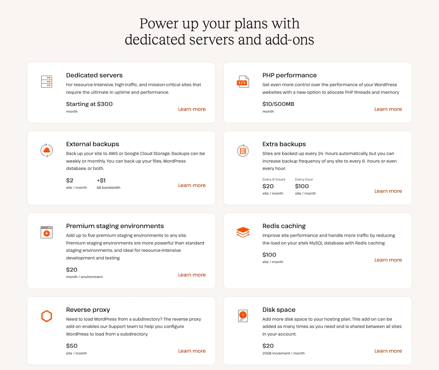 Kinsta add-ons on the pricing page: dedicated servers from $300, PHP performance $10 per 500MB, external backups, extra backups, premium staging, Redis caching, reverse proxy and disk space