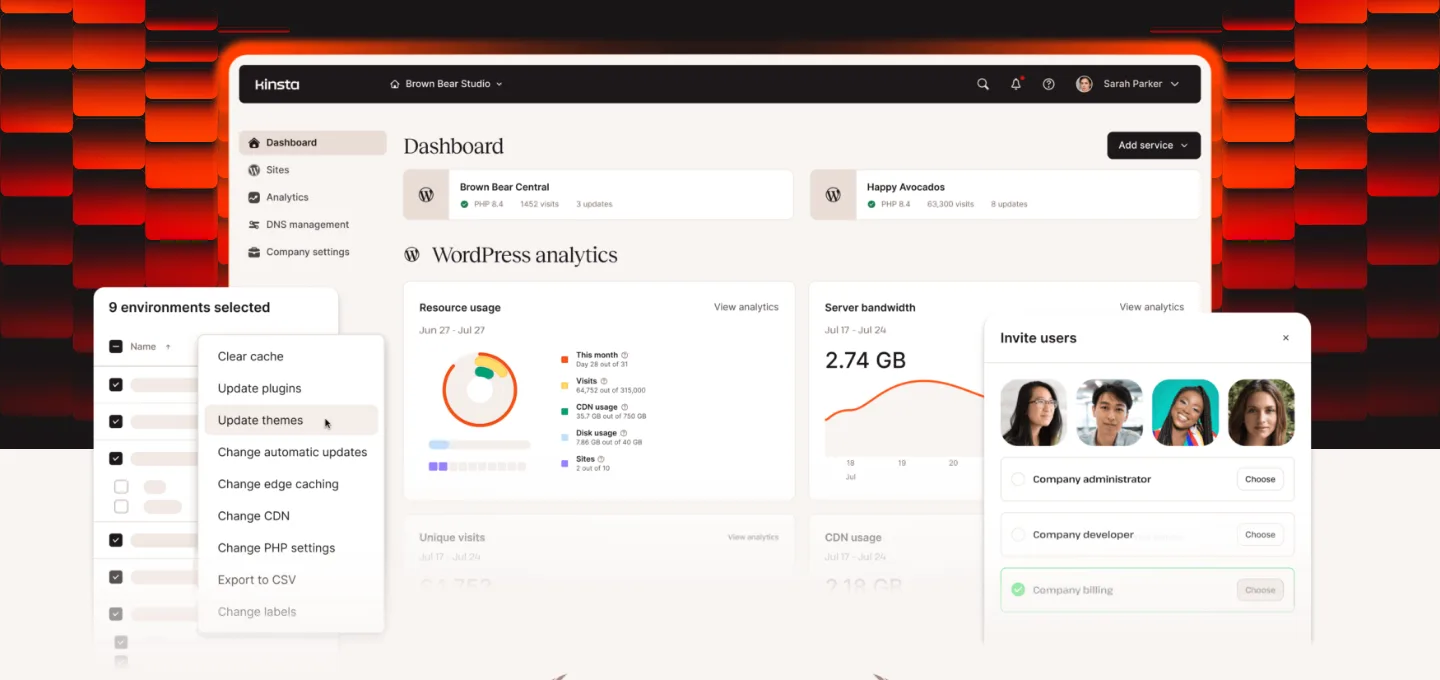 Kinsta’s promotional image of the MyKinsta dashboard showing sites, WordPress analytics, bulk actions and a user invite window
