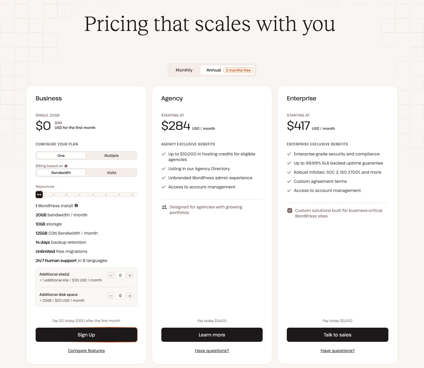 Kinsta pricing page showing the Single 20GB plan card with a free first month, plus the Agency and Enterprise cards