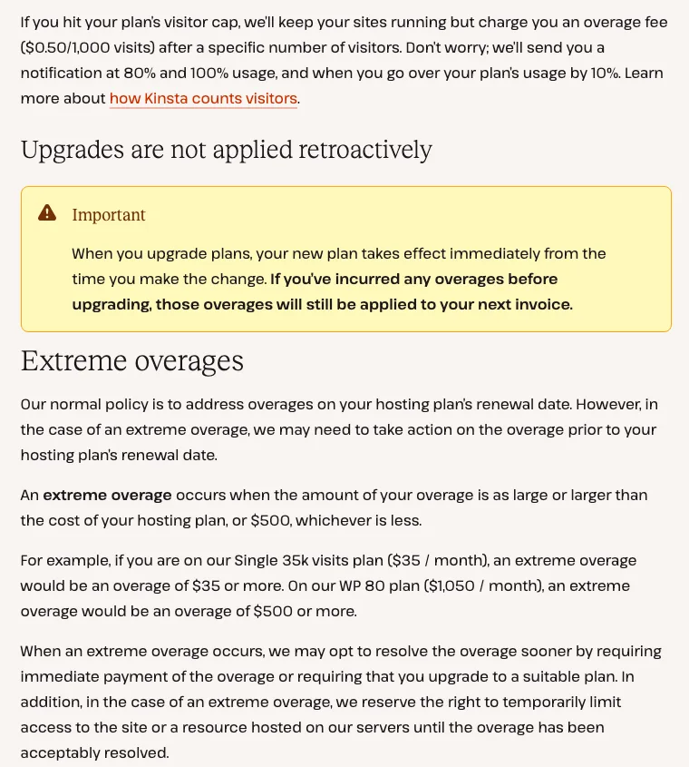 Kinsta’s overages doc: $0.50 per 1,000 extra visits, overages are not cancelled by upgrading, and an extreme overage can lead to immediate payment or limited access