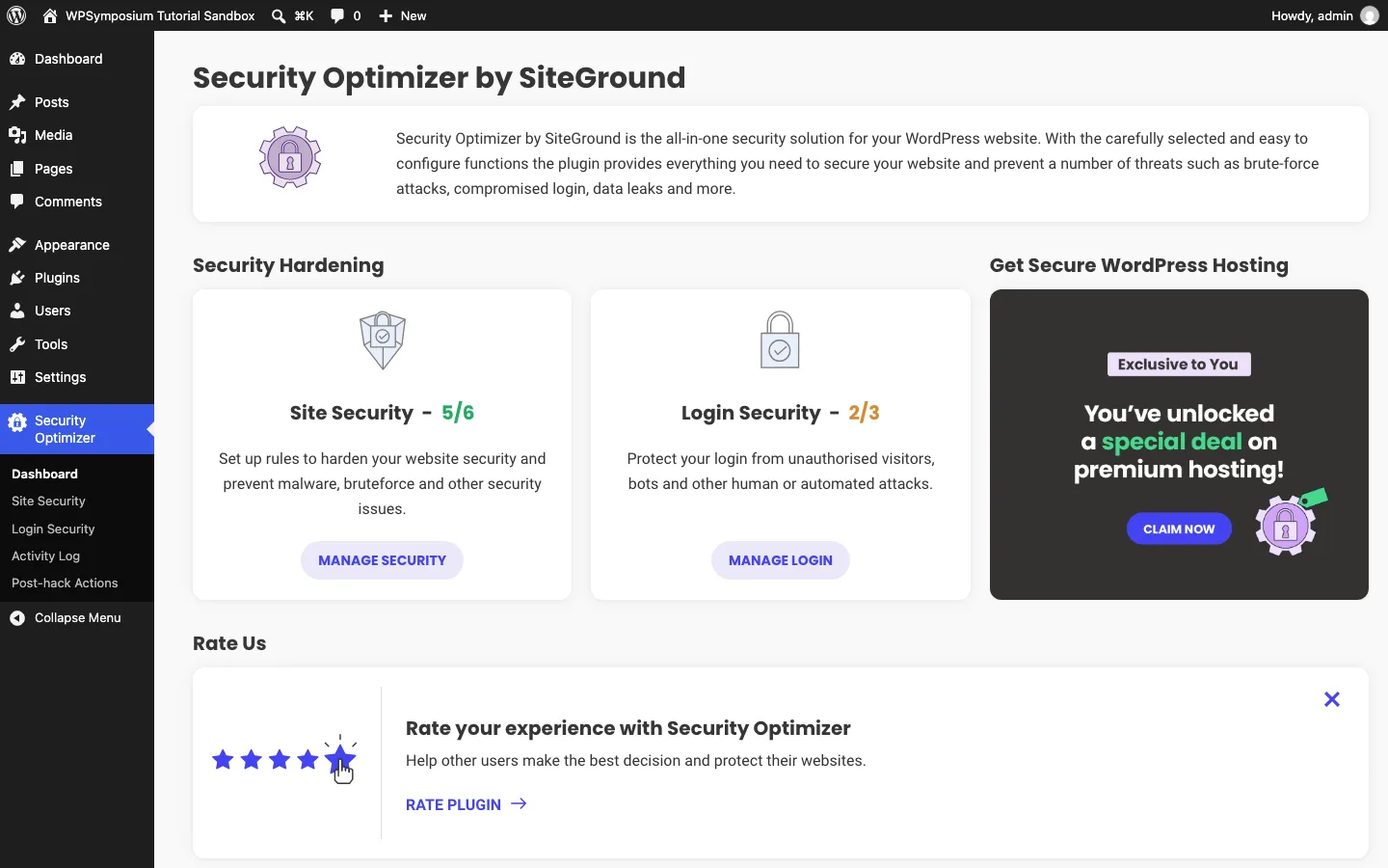 Security Optimizer dashboard on a test install showing Site Security 5/6 and Login Security 2/3, with a “special deal on premium hosting” box