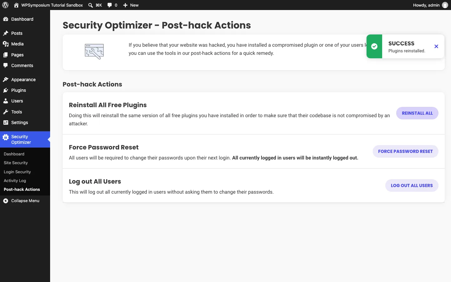 Security Optimizer’s Post-hack Actions screen with a “Plugins reinstalled” success message