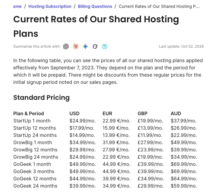 SiteGround knowledge base table of standard shared hosting rates by plan and billing period, last updated October 2, 2026