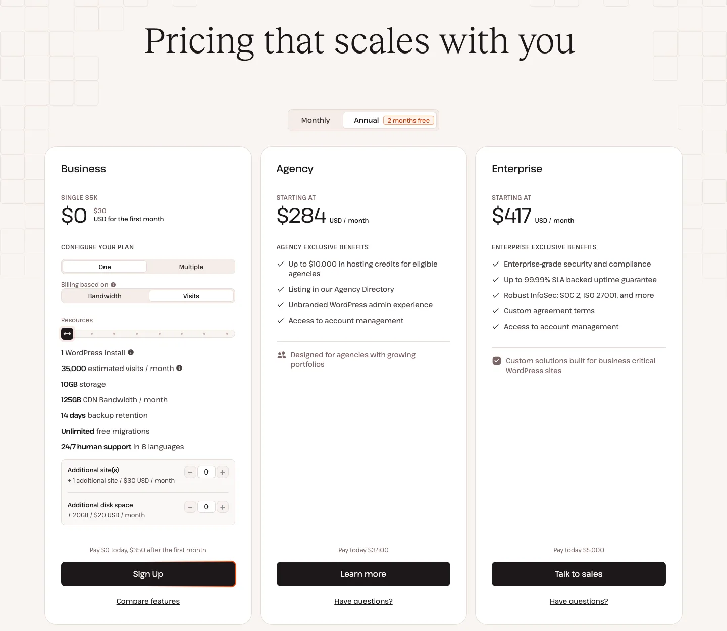 Kinsta’s pricing page on annual billing with the Single 35k plan selected, showing $0 for the first month, 35,000 visits, 10GB storage and 125GB of CDN bandwidth