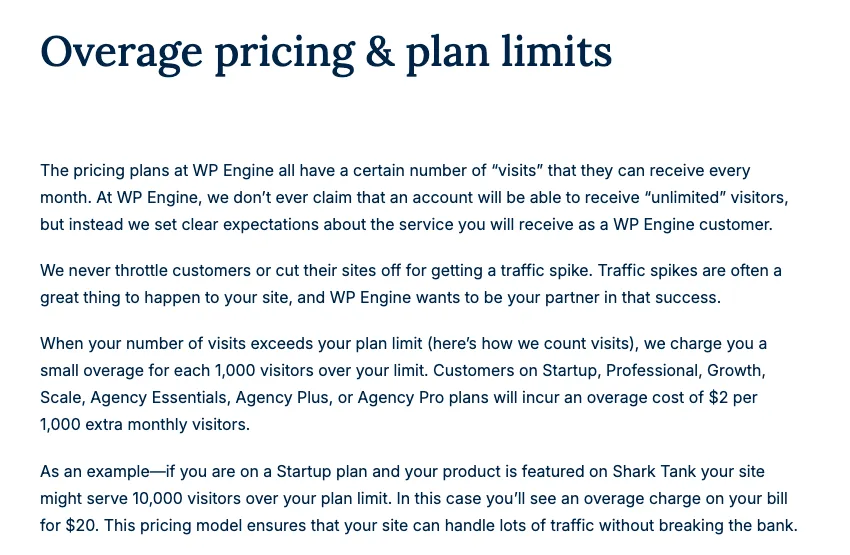 WP Engine’s Overage pricing and plan limits support page stating an overage cost of $2 per 1,000 extra monthly visitors