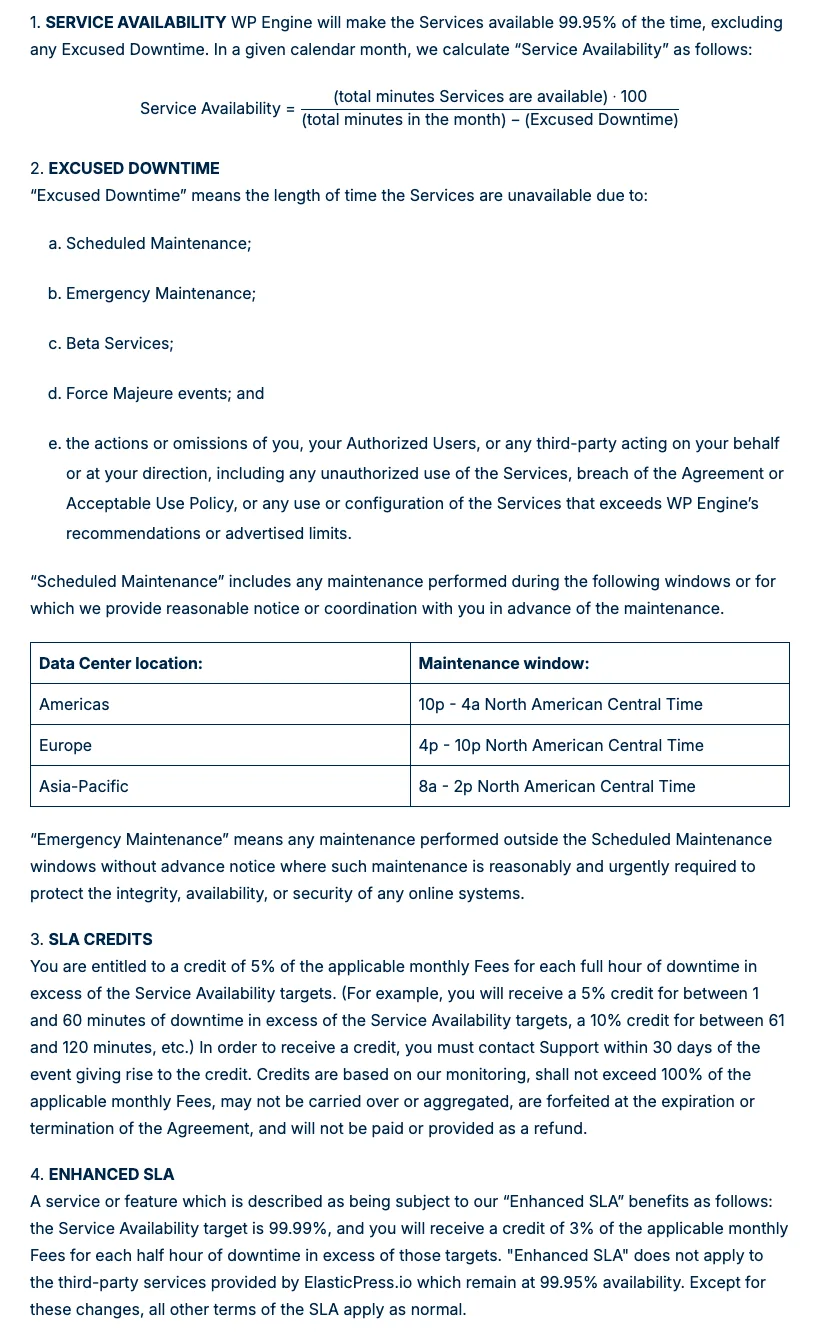WP Engine’s Service Level Agreement showing the 99.95% availability target, excused downtime, maintenance windows, 5% credits per hour, and the 99.99% Enhanced SLA