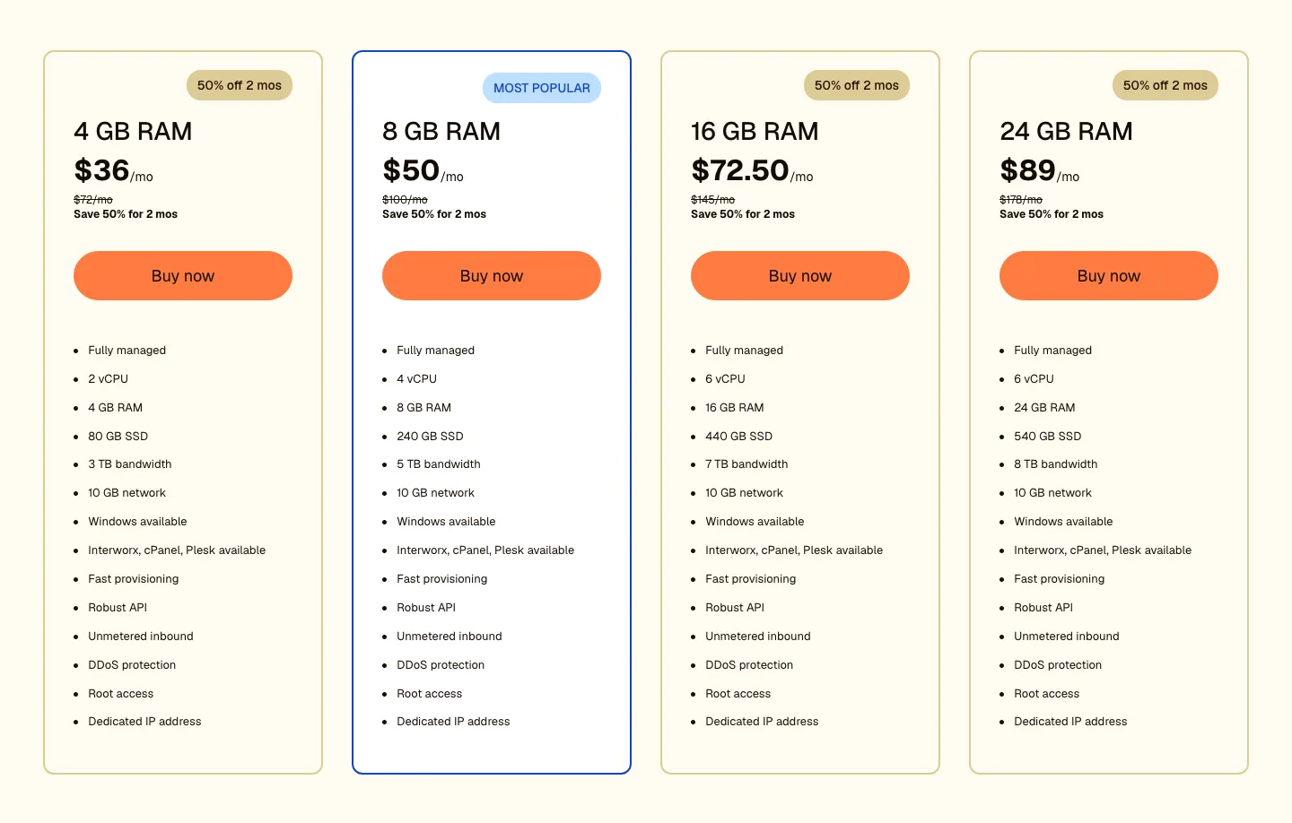 Liquid Web fully managed VPS plans: 4 GB RAM at $36, 8 GB at $50, 16 GB at $72.50, and 24 GB at $89 per month for the first two months