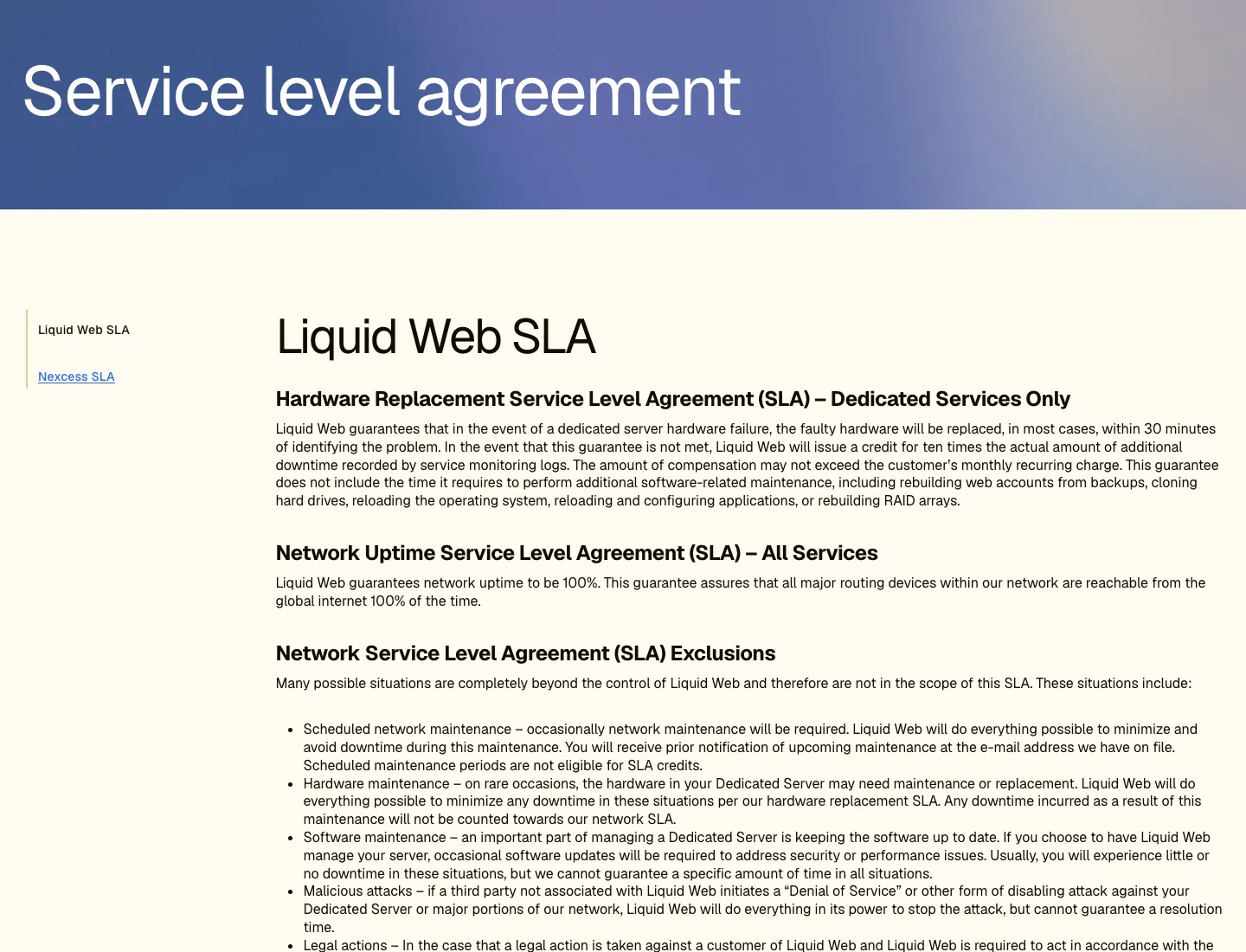 Liquid Web service level agreement page showing the hardware replacement SLA and the 100% network uptime SLA