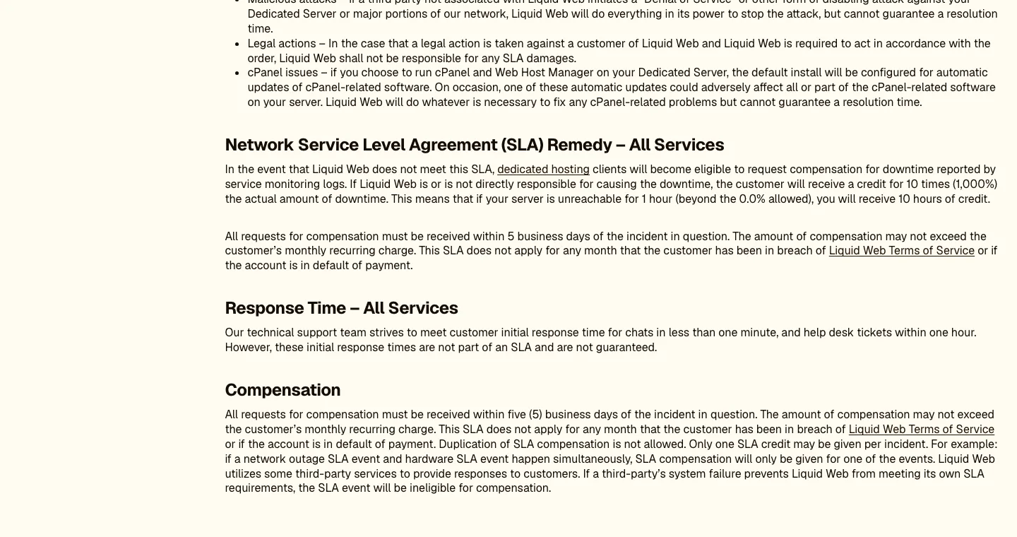 Liquid Web SLA page section stating chat and ticket response times are goals and not guaranteed