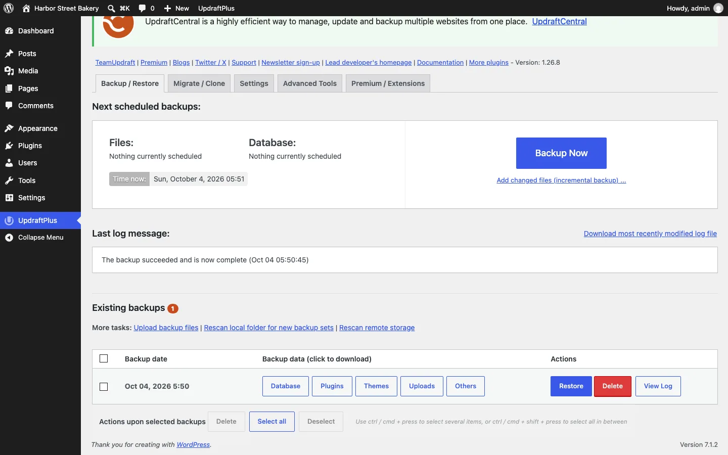 UpdraftPlus Existing backups list showing Database, Plugins, Themes, Uploads and Others download buttons