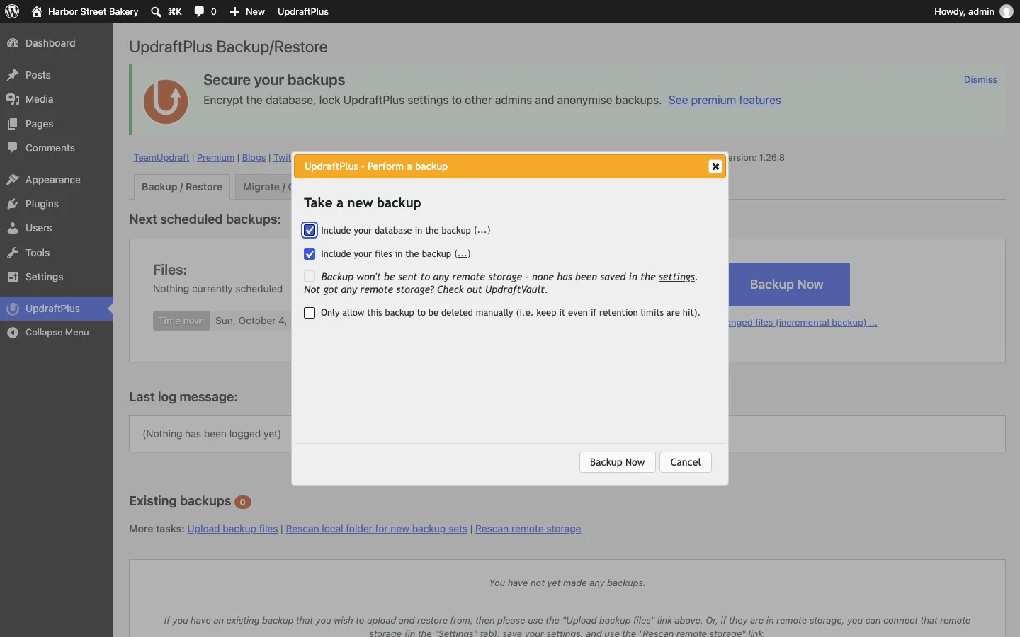 UpdraftPlus Backup Now dialog with the database and files options ticked