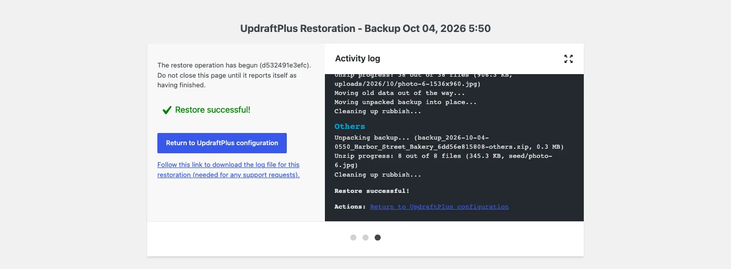 UpdraftPlus restoration screen showing Restore successful with the activity log