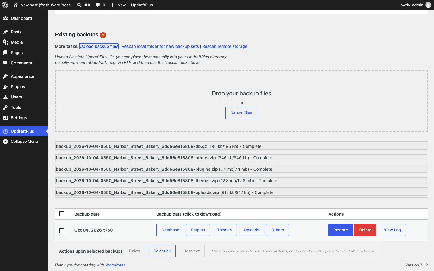 UpdraftPlus upload area on a fresh WordPress install with all five backup files uploaded