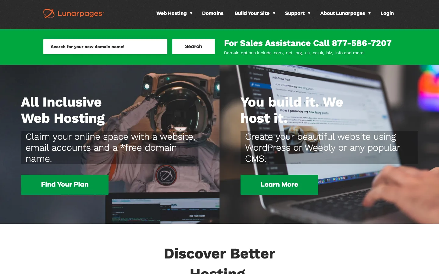 Archived Lunarpages homepage from August 2019 with the original orange logo and dark navigation bar