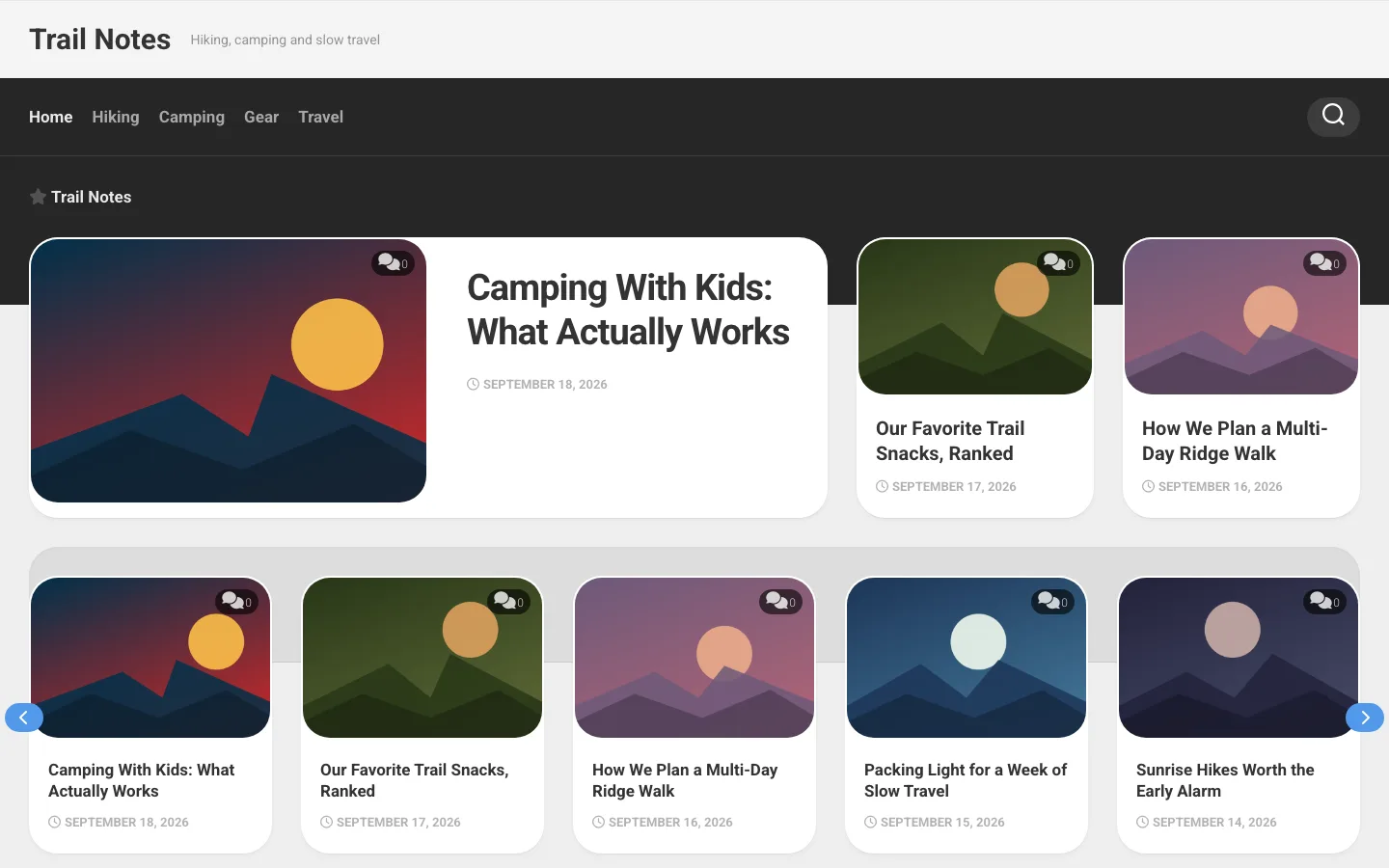 Magaziner theme homepage with a dark header, large featured post card and a carousel of rounded post cards