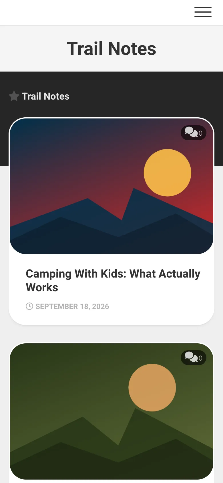 Magaziner homepage on a phone-width screen with a hamburger menu and stacked post cards
