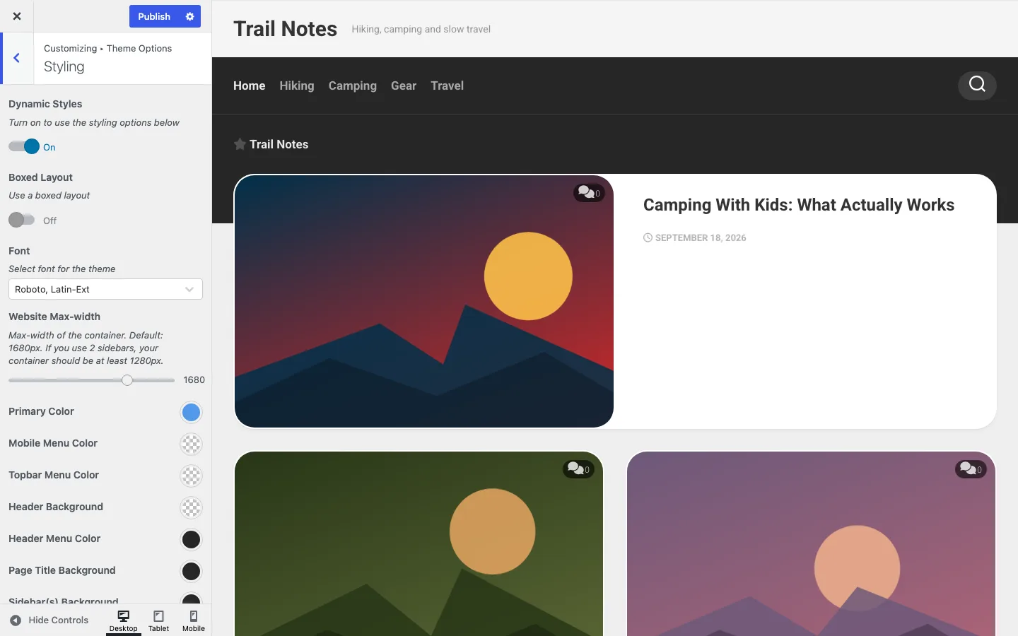 Magaziner Styling section in the Customizer with Boxed Layout toggle, font picker, max-width slider and color pickers