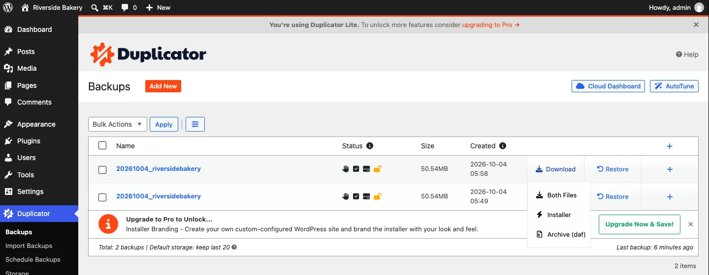 Duplicator Backups screen on a test site with the Download menu open, offering Both Files, Installer and Archive (daf)