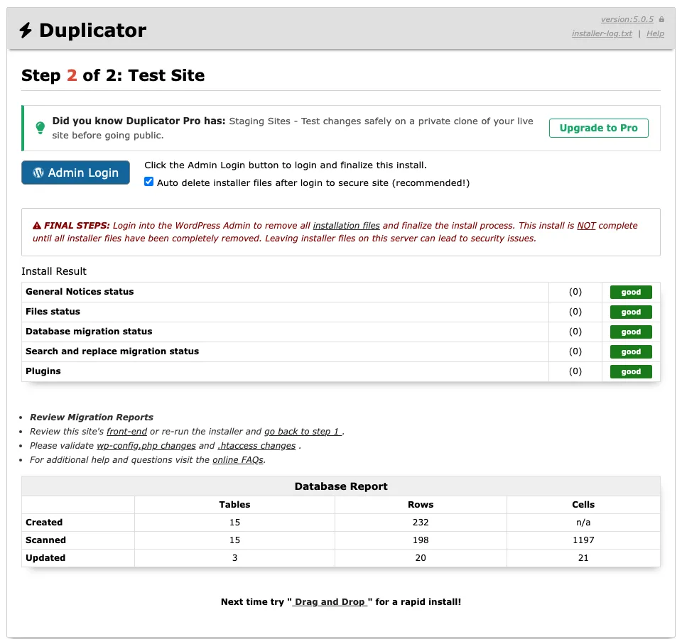 Duplicator installer step 2 of 2 showing all install results as good and a database report with 15 tables created and 20 rows updated