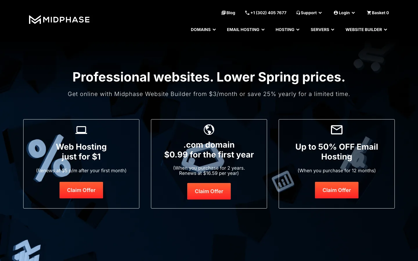 Midphase homepage in October 2026 with offers for $1 web hosting, a $0.99 .com domain and discounted email hosting