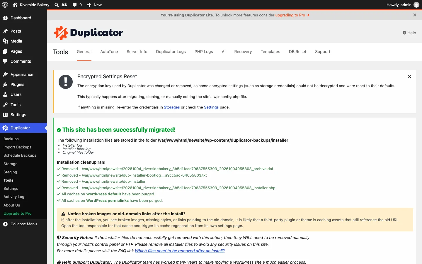 WordPress admin on the migrated test site showing Duplicator’s message that the site was successfully migrated and the installer files were removed