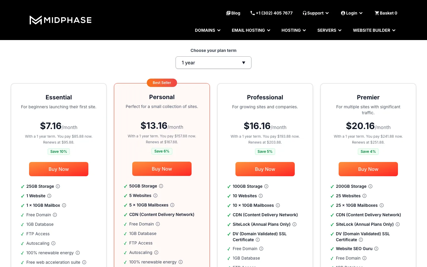 Midphase WordPress hosting plans on a 1-year term: Essential $7.16, Personal $13.16, Professional $16.16 and Premier $20.16 per month