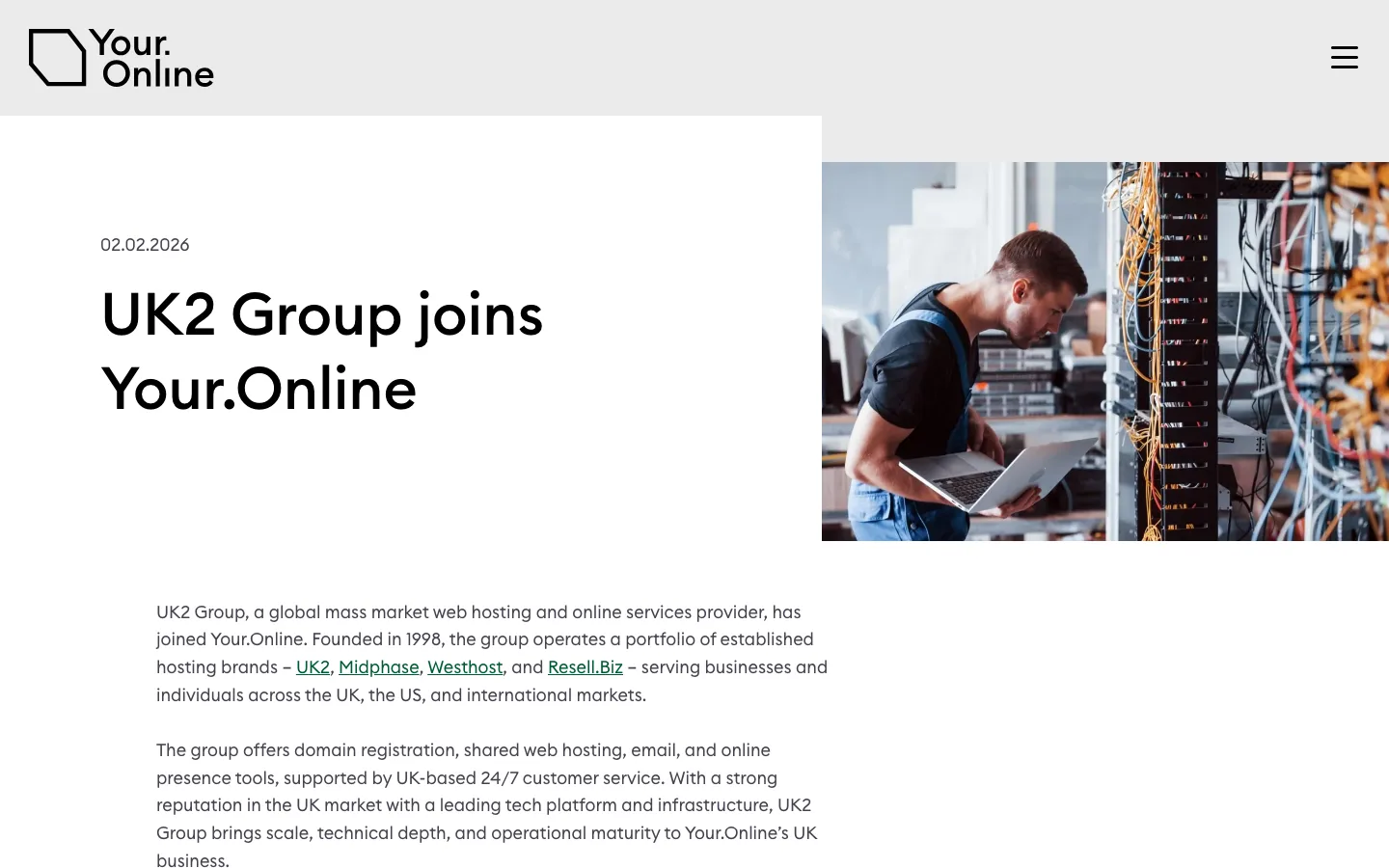 Your.Online news page dated 02.02.2026 announcing that UK2 Group, owner of Midphase, has joined Your.Online