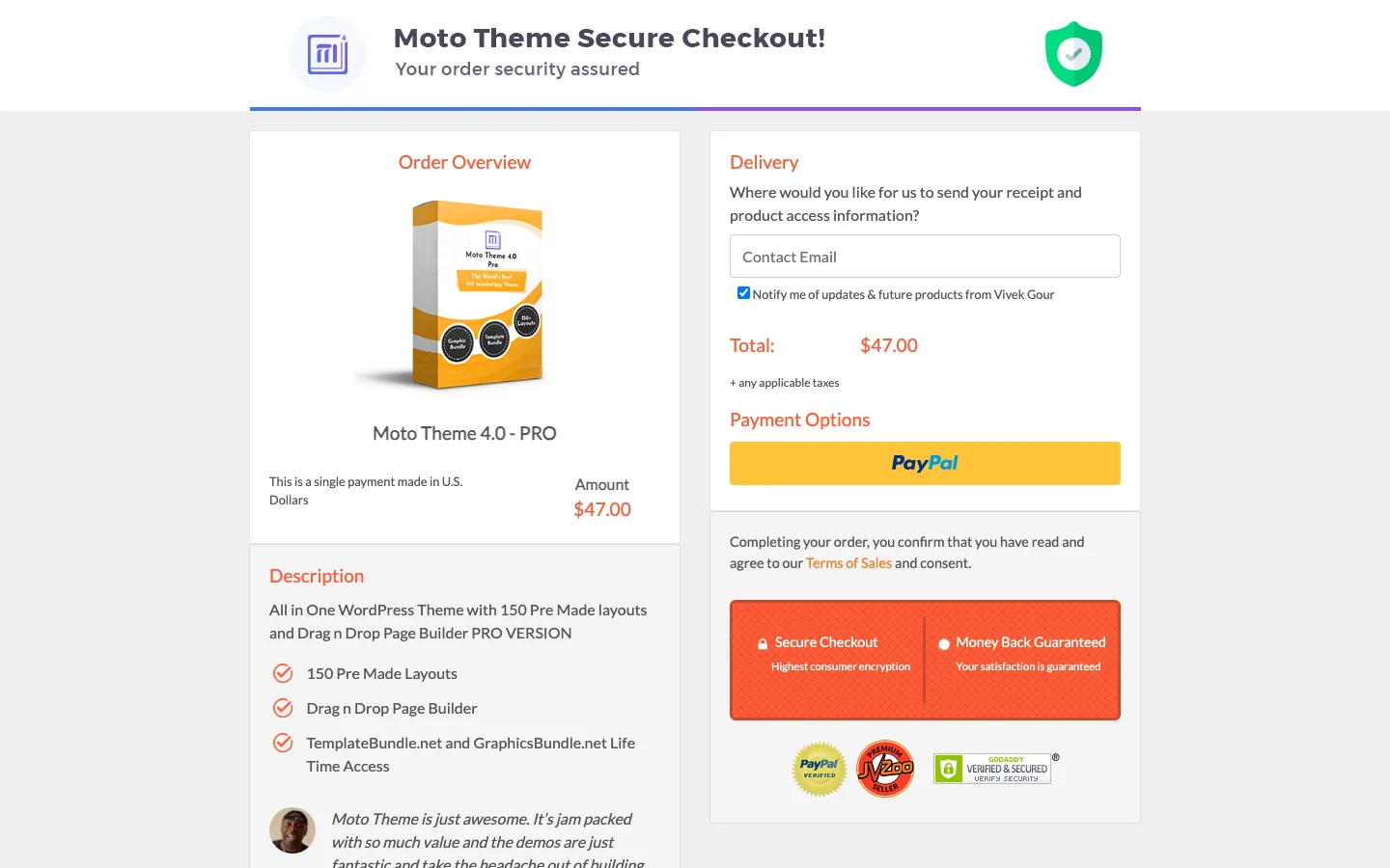 Moto Theme 4.0 PRO checkout on JVZoo showing a $47 one-time price