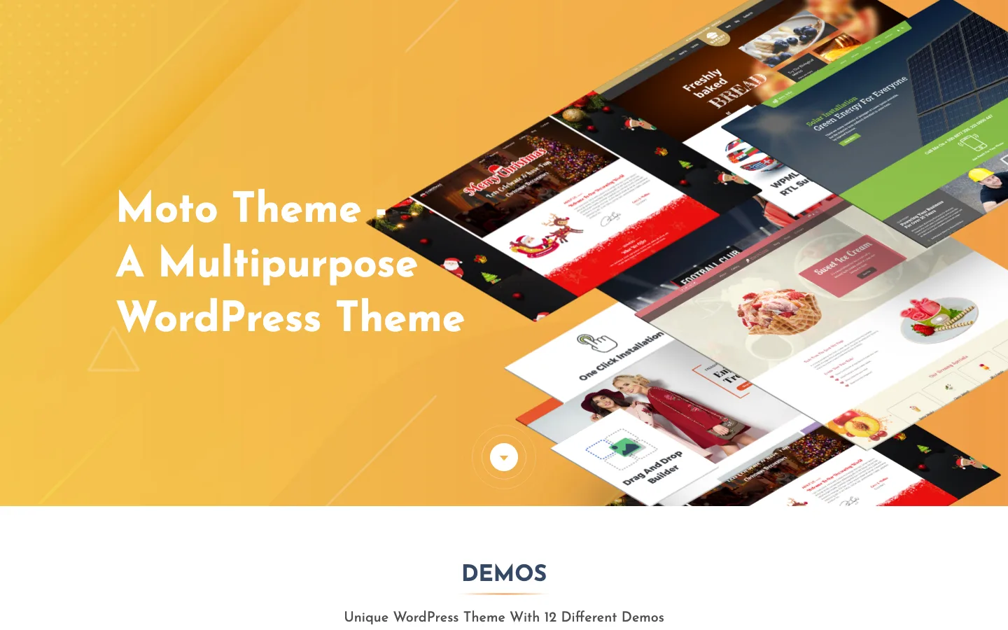 PixelNX landing page for Moto Theme, a multipurpose WordPress theme with 12 demos