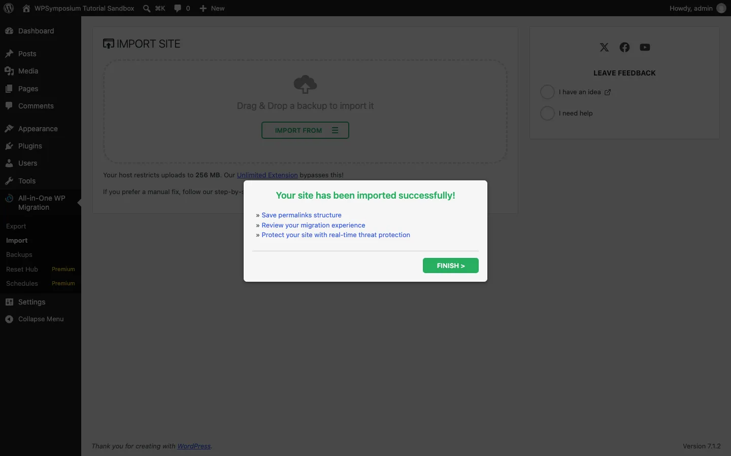 All-in-One WP Migration pop-up saying “Your site has been imported successfully!” with a Finish button
