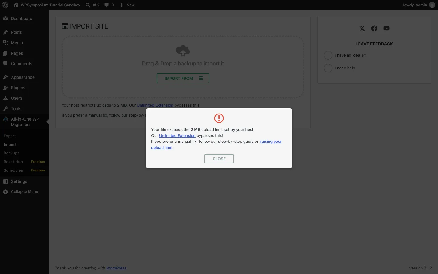 All-in-One WP Migration pop-up saying the file exceeds the 2 MB upload limit set by the host