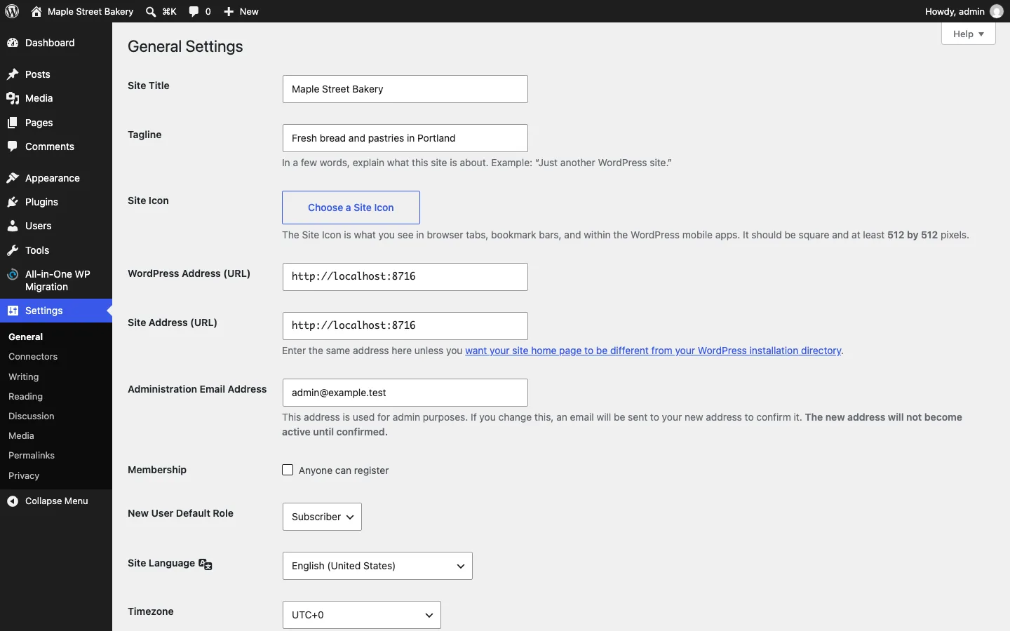 WordPress General Settings on the new host with the site title Maple Street Bakery and both URL fields set to the new address