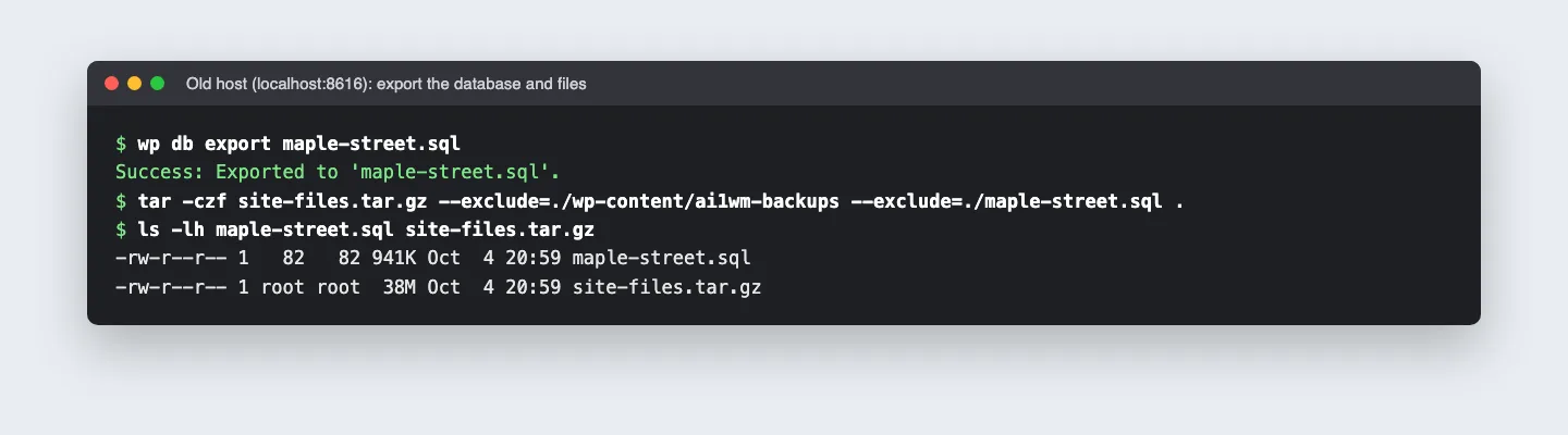 Terminal on the old host showing wp db export, a tar command, and a 941K SQL file next to a 38M archive