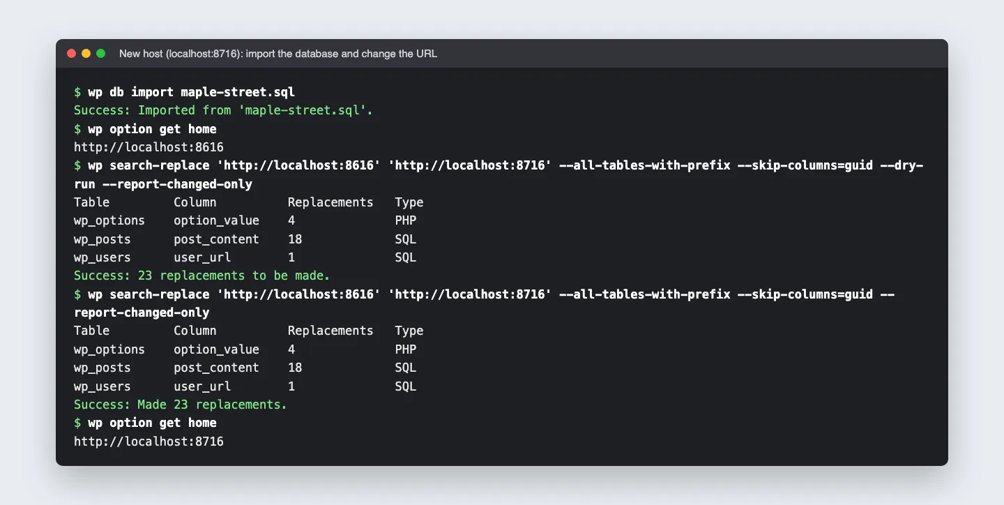 Terminal on the new host showing wp db import, a dry run of wp search-replace reporting 23 replacements, the real run, and the home URL changed to the new address